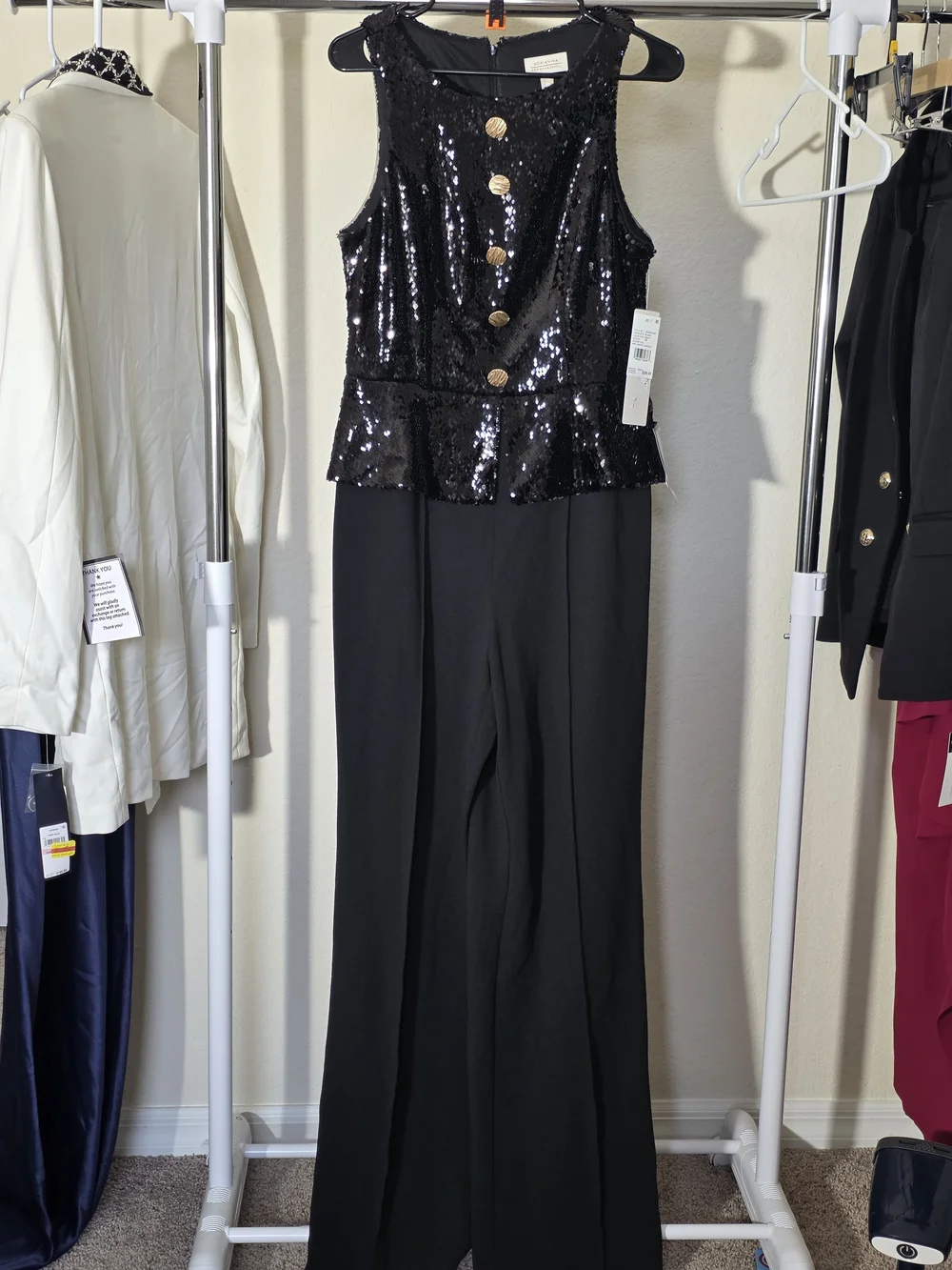 Adrianna Papell Black Sequin Peplum Jumpsuit Gold Buttons CrewNeck CocktailEvent - Picture 7 of 12